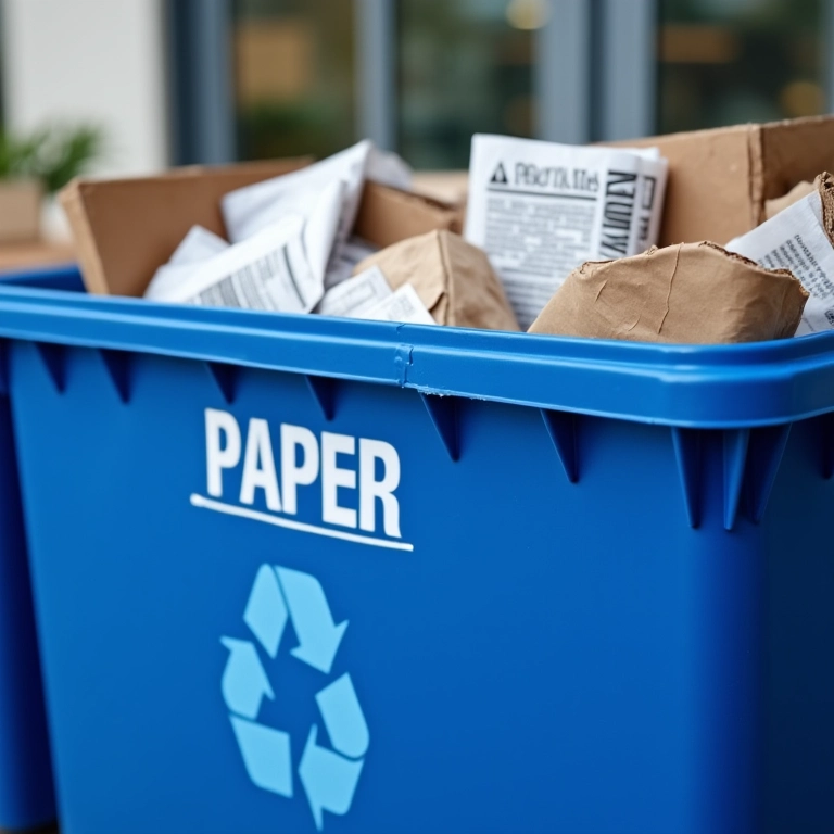 Lixeira azul para descarte de papel.