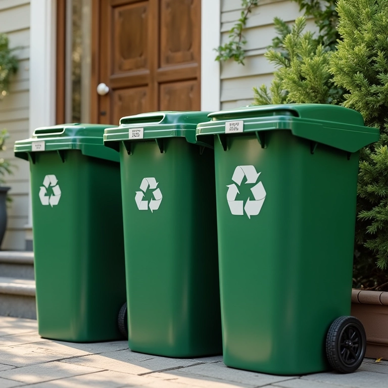 Lixeiras de reciclagem de diferentes tamanhos.