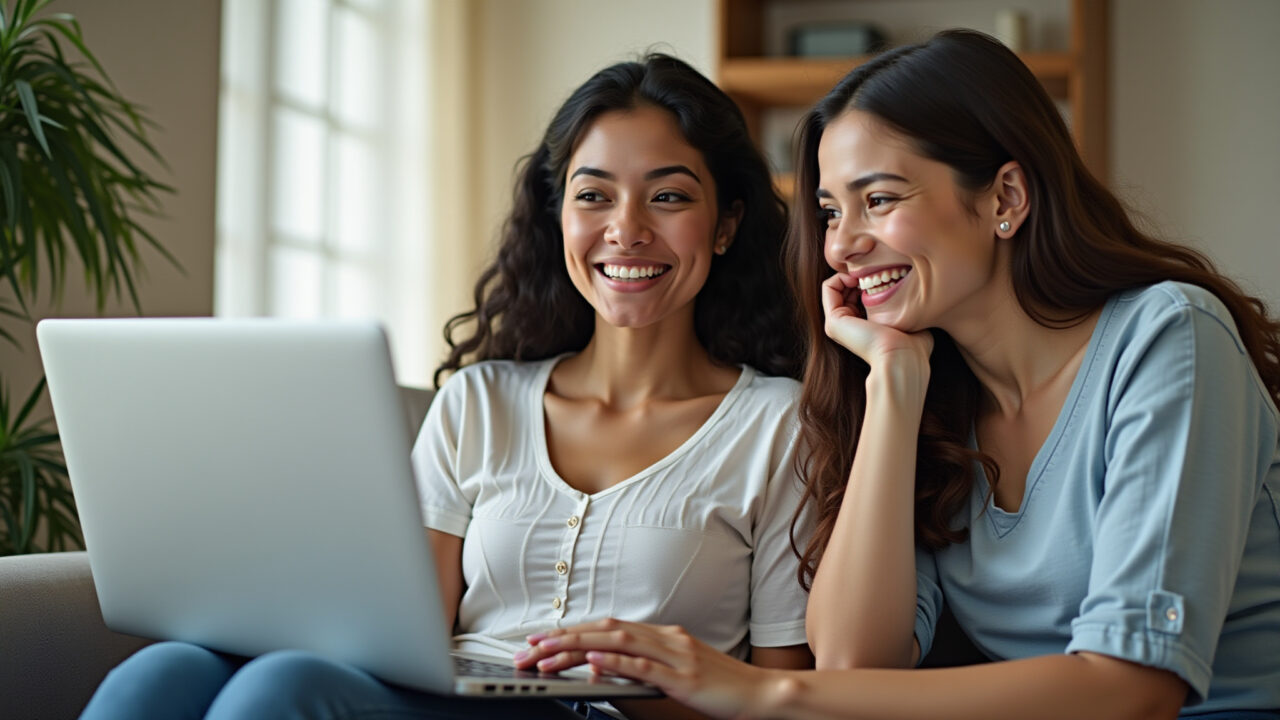 Long distance friendship: Two young women video calling, smiling, one in Rio, other in São Paulo. Amigas distantes em videochamada de aniversário.