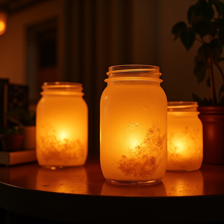 Luminárias artesanais feitas de potes de vidro reciclados com luz quente.