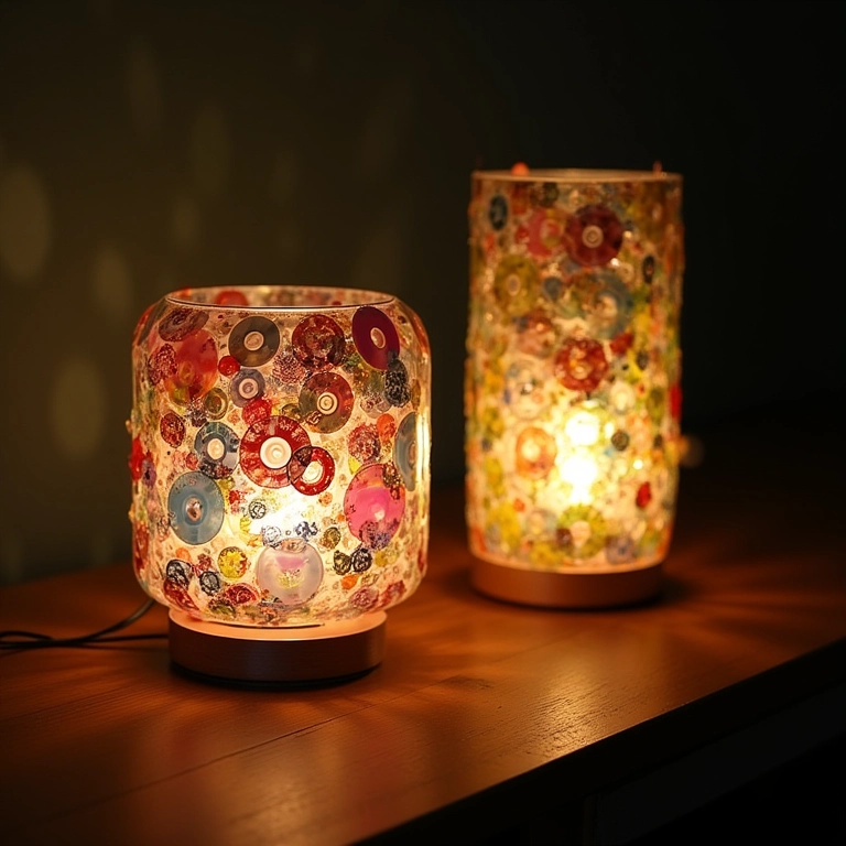Luminárias criativas feitas com CDs reciclados, com design artístico.