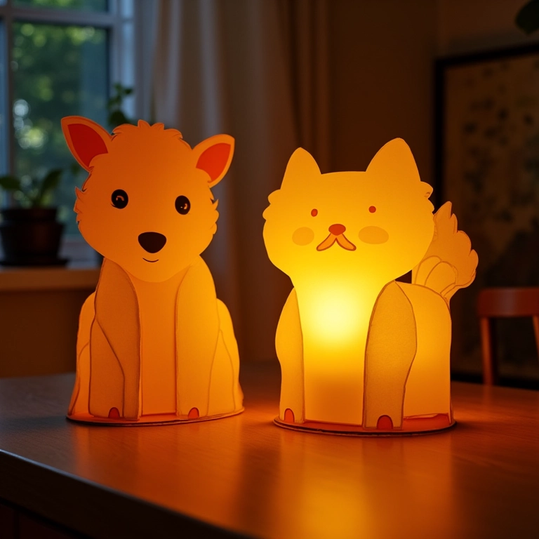 Luminárias originais feitas com recortes de papelão, criando um efeito de luz único.