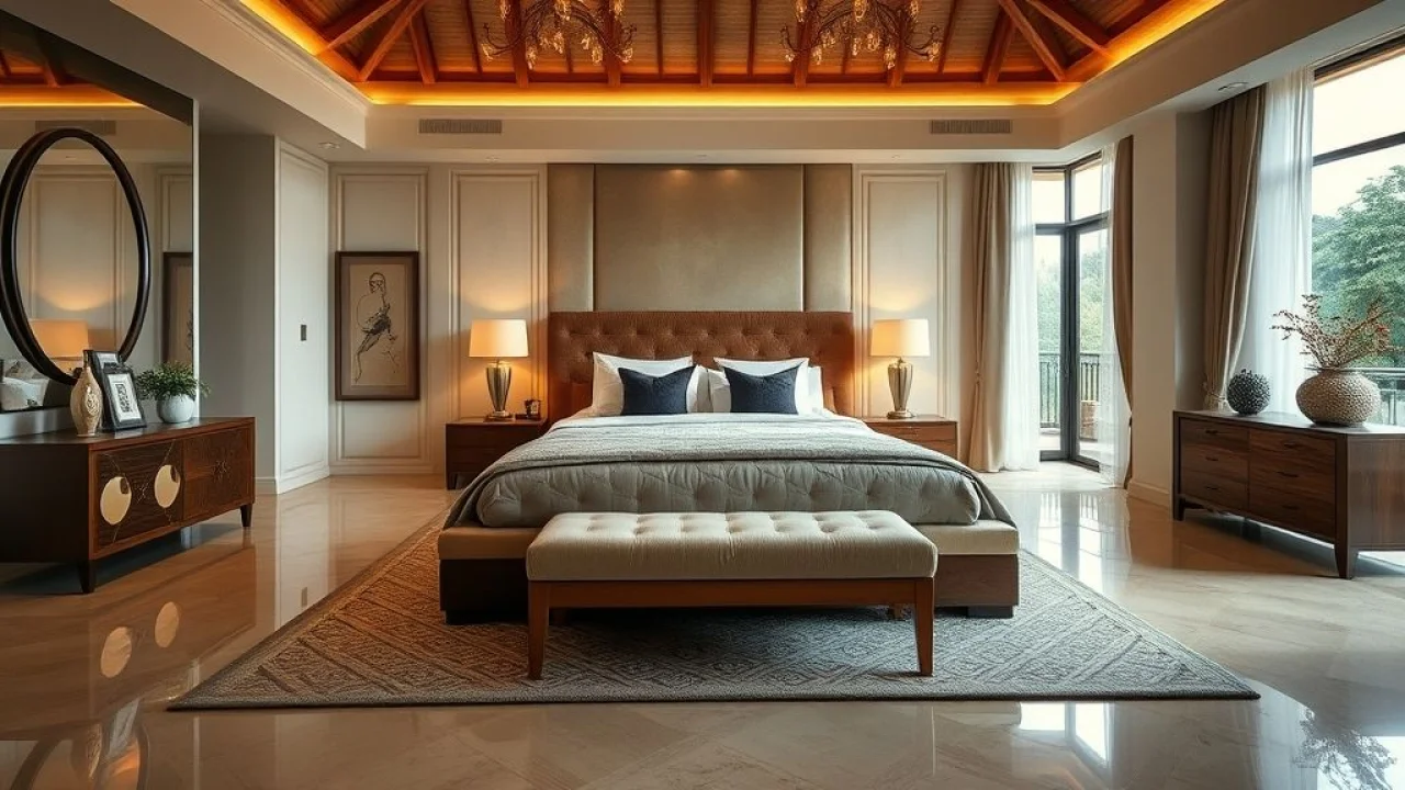 Luxurious Brazilian bedroom with a king size bed, high-end bedding and decor, ample space for Quarto luxuoso com cama king size no Brasil. Cama king, quarto, luxo, Brasil.
