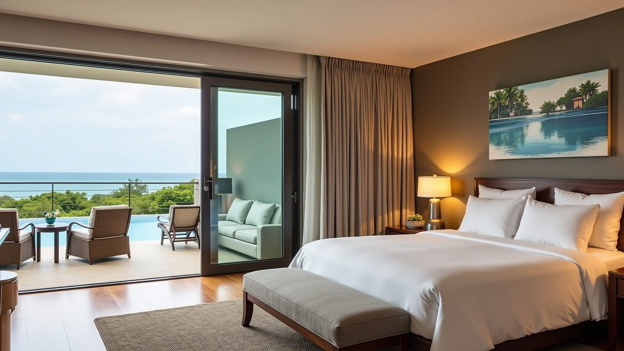 Luxurious honeymoon suite in Jurerê Internacional, Brazil. Oceanfront, modern design, champagne. Suíte luxuosa em Jurerê Internacional com vista para o mar.