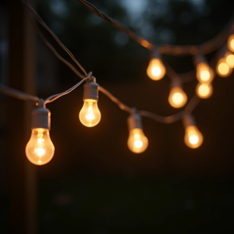Luzes decorativas feitas com lâmpadas queimadas reutilizadas, criando um ambiente acolhedor.