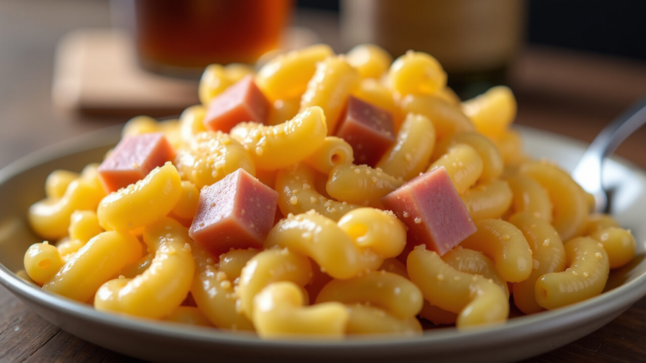 Macaroni and cheese with ham, gratin, professional photography, 8K quality, sharp focus, Macarrão gratinado com queijo e presunto.