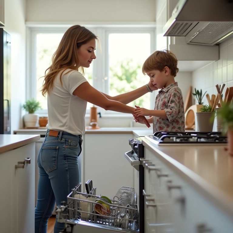 Mãe ensinando a criança a colocar a louça na lava-louças em uma cozinha moderna.