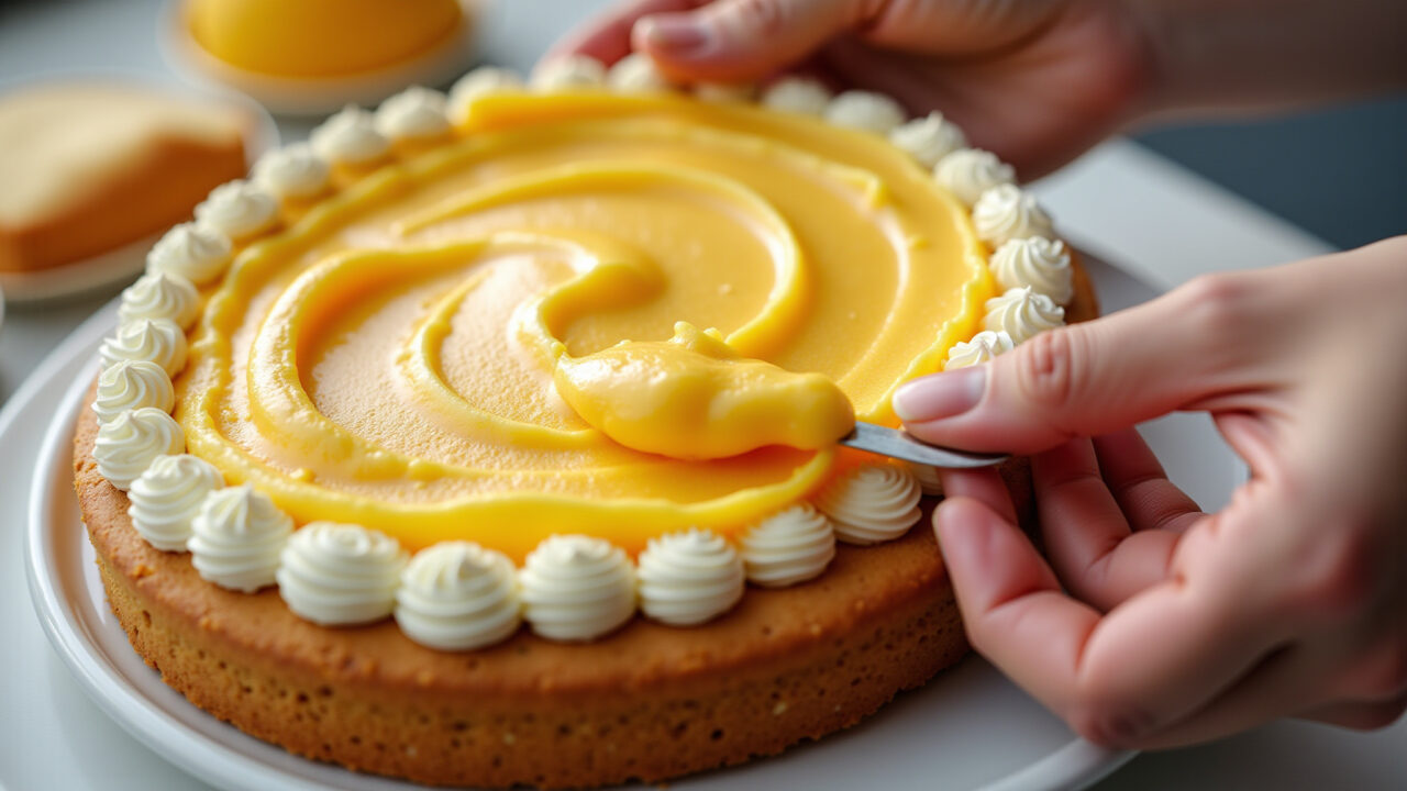 Maizena pastry cream filling a cake, close-up, smooth texture, vibrant colors, professional Creme de confeiteiro com Maizena para recheios.