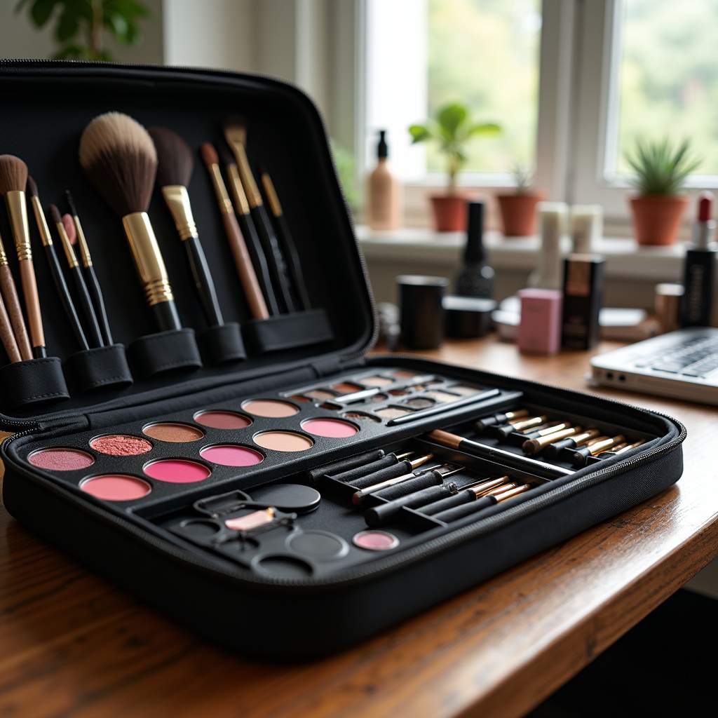 Makeup artist's kit with professional tools, bright natural lighting, commercial photography, 8K Kit de maquiagem profissional completo.