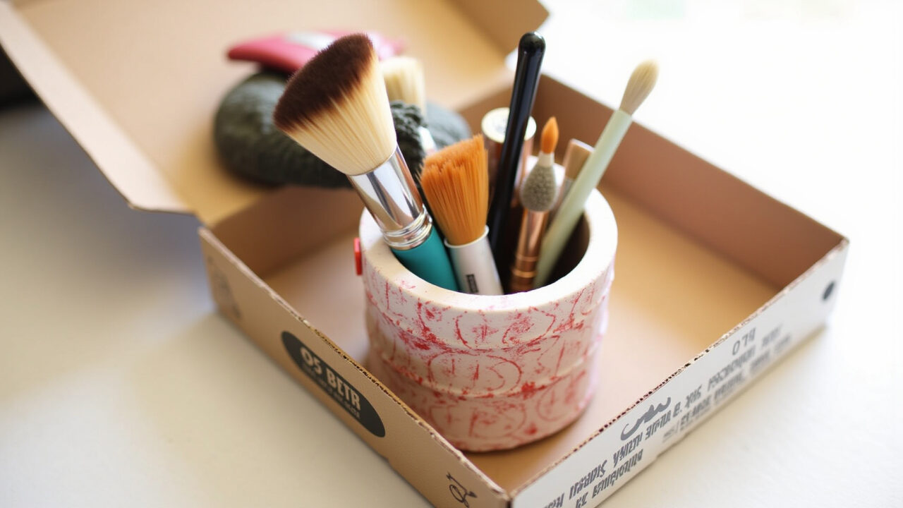 Makeup brush holder from toilet paper rolls inside pizza box, spray painted, DIY, 8k, sharp focus, Organizador de pincéis feito com rolos de papel higiênico e caixa de pizza.