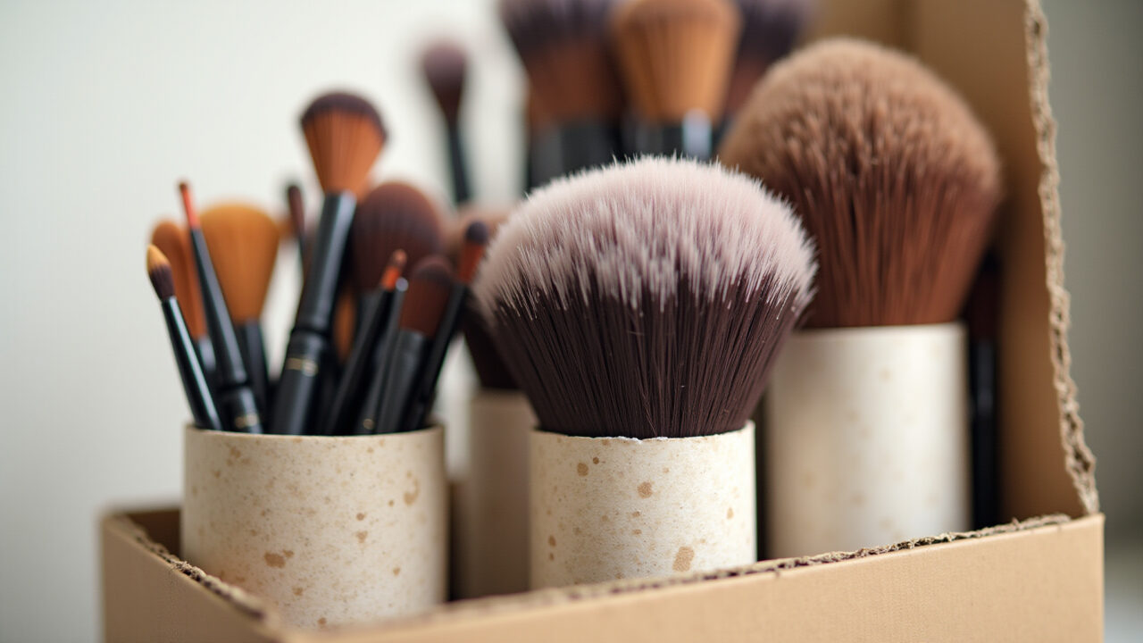 Makeup brushes organized in toilet paper rolls inside cardboard box, DIY, 8k, sharp focus, natural Pincéis de maquiagem organizados em rolos de papel higiênico.