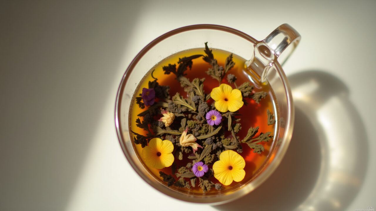 Chá de malva com folhas e flores.