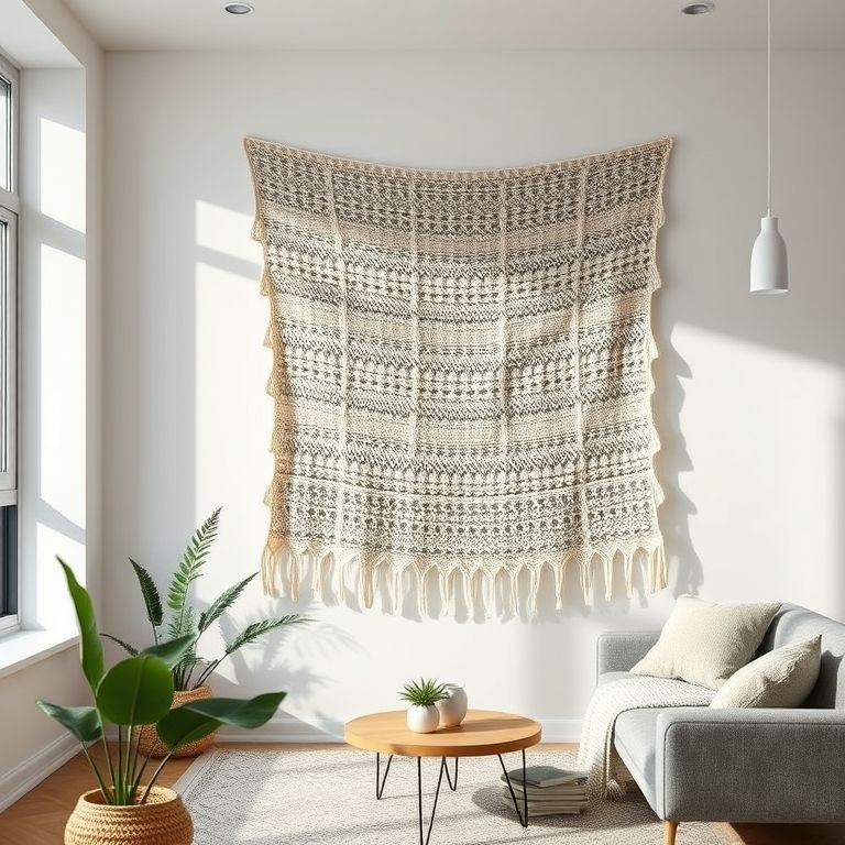 Manta de crochê pendurada na parede como decoração.