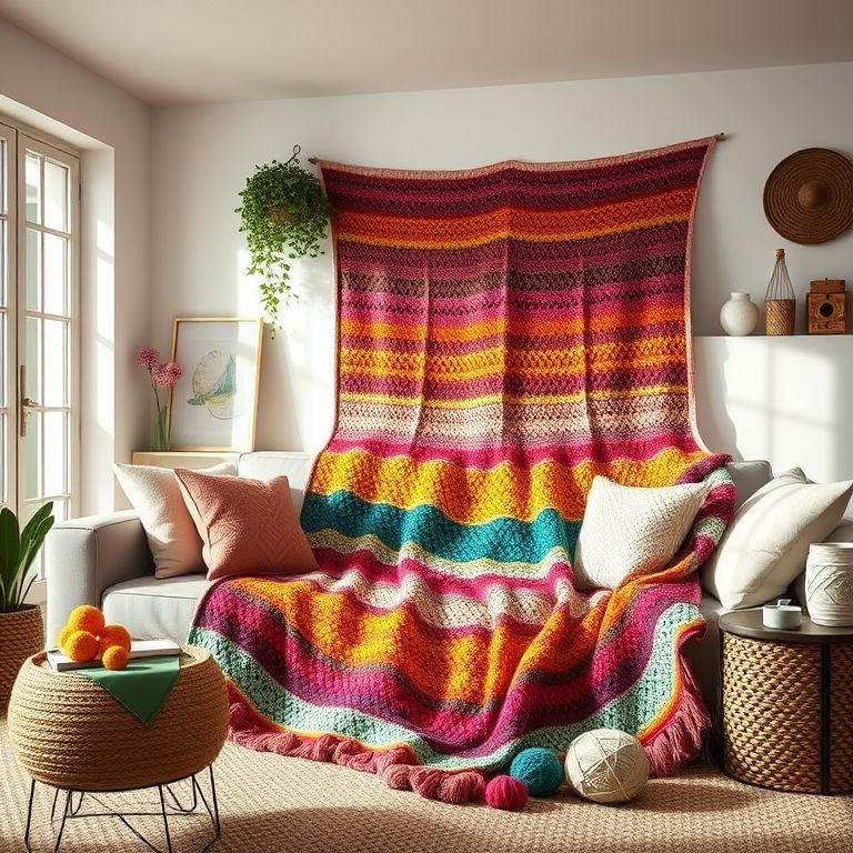 Manta de crochê tunisiano colorida sobre um sofá em uma sala de estar aconchegante.