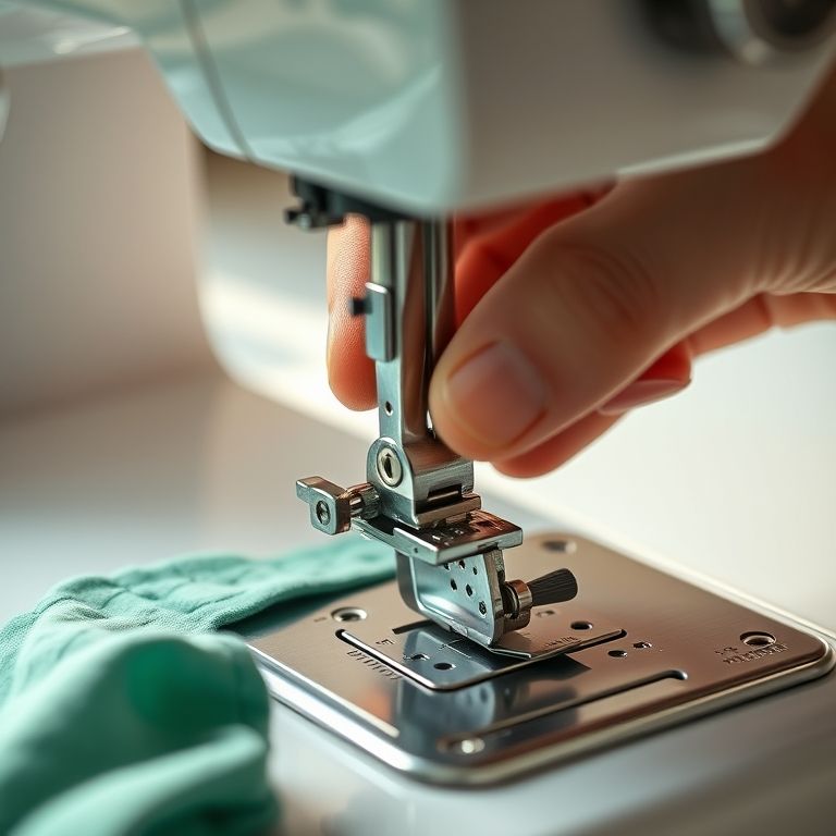 Mão ajustando a tensão da linha em uma máquina de costura com calcador de franzir.