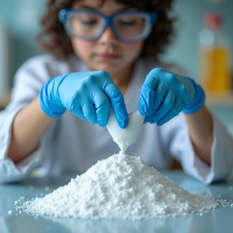 Mão com luvas manipulando ingredientes do vulcão, segurança.