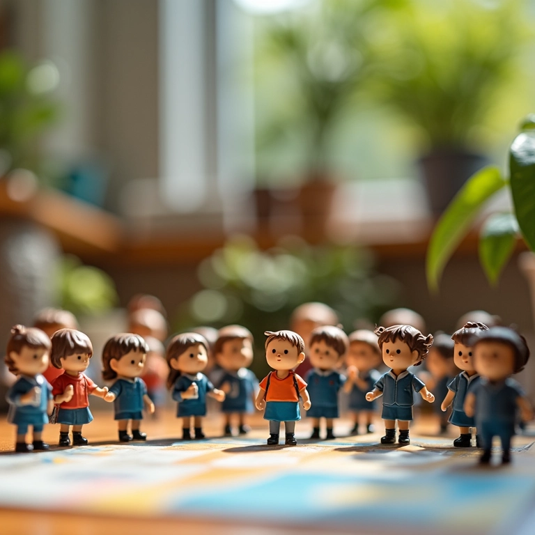 Mão escolhendo miniaturas para diorama escolar.