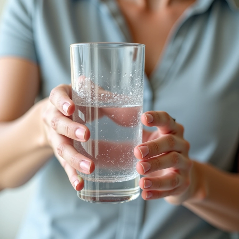 Mão feminina enchendo copo de água, enfatizando a importância da hidratação.