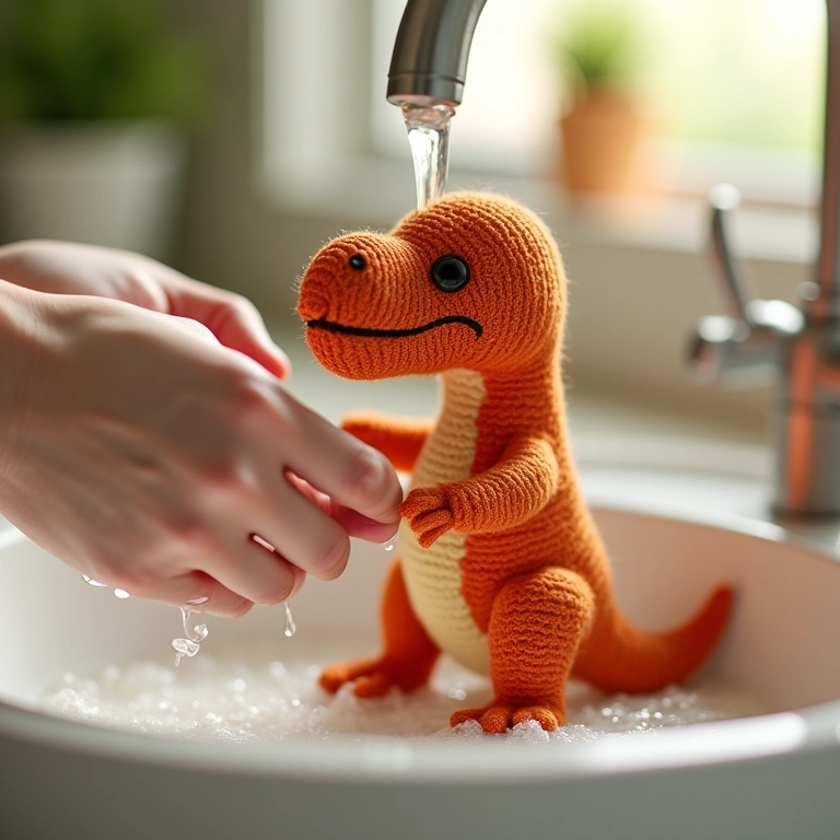 Mão lavando delicadamente um amigurumi de dinossauro.