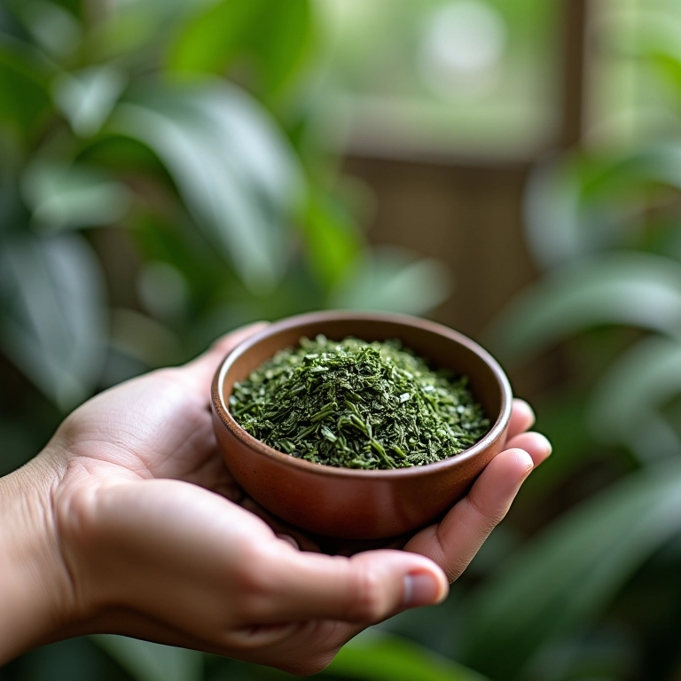 Mão segurando folhas de chá verde com uma balança ao fundo.