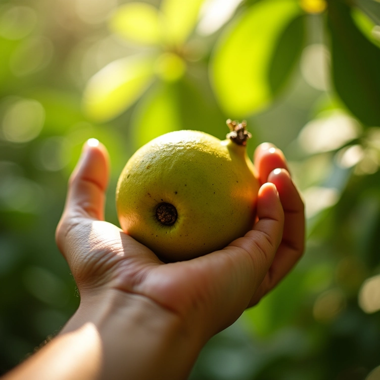 Mão segurando jabuticabas frescas com sol brilhando através das folhas.