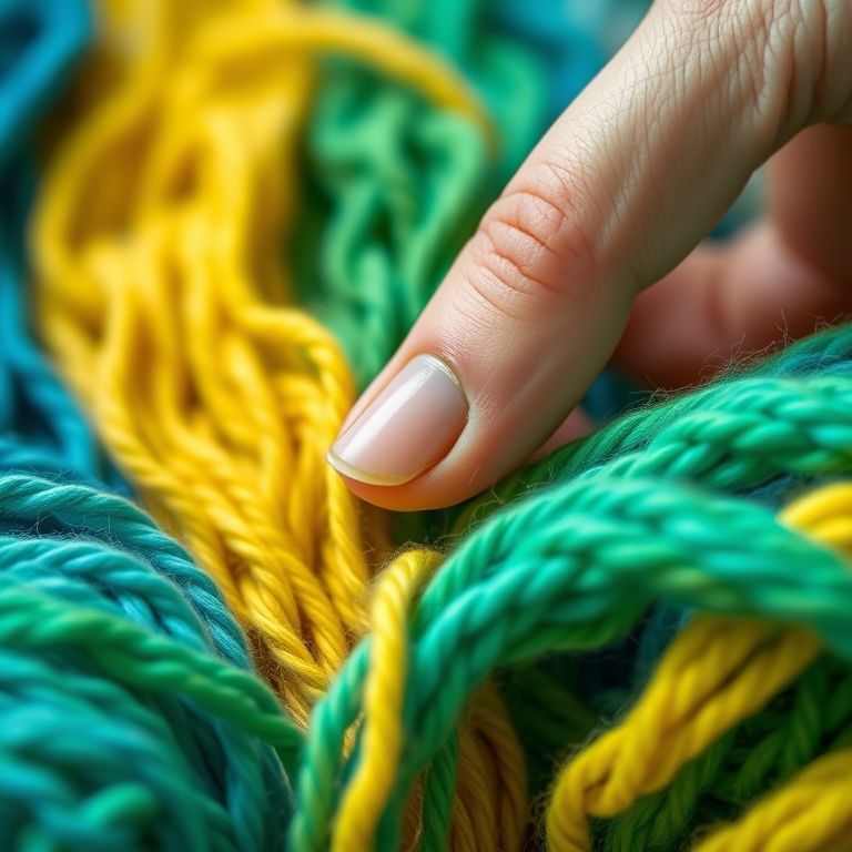 Mão selecionando fios coloridos para calça de crochê.