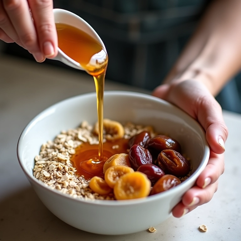 Mãos adicionando adoçantes naturais (mel, xarope de bordo, tâmaras) a uma tigela de aveia, uma forma saudável de adoçar suas receitas.