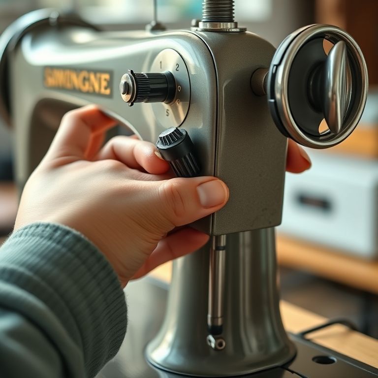 Como Regular a Tensão da Linha da Máquina Corretamente Mãos ajustando a tensão da linha em máquina de costura vintage.