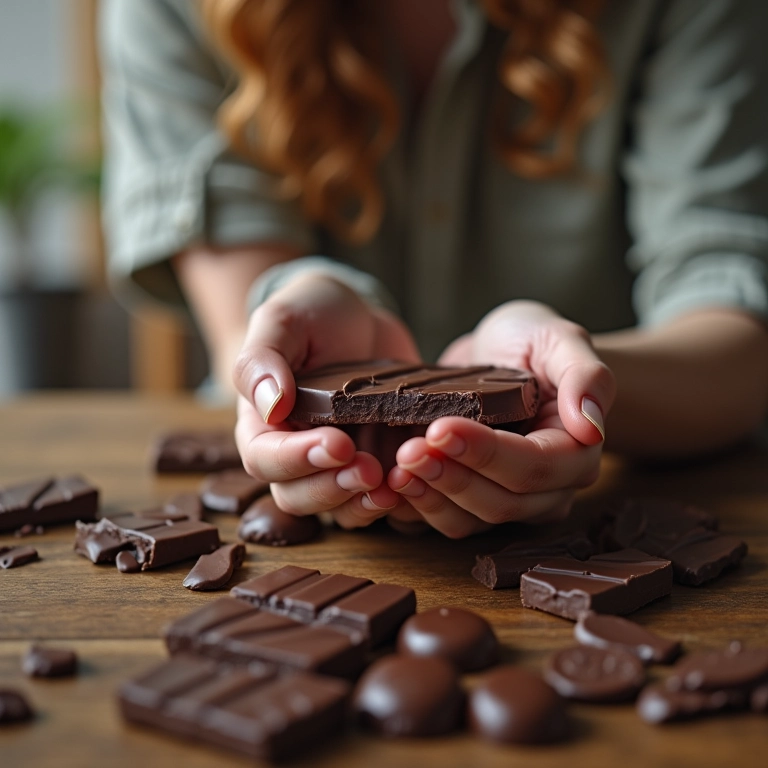 Mãos alcançando caixa de chocolates em ambiente de trabalho estressante.