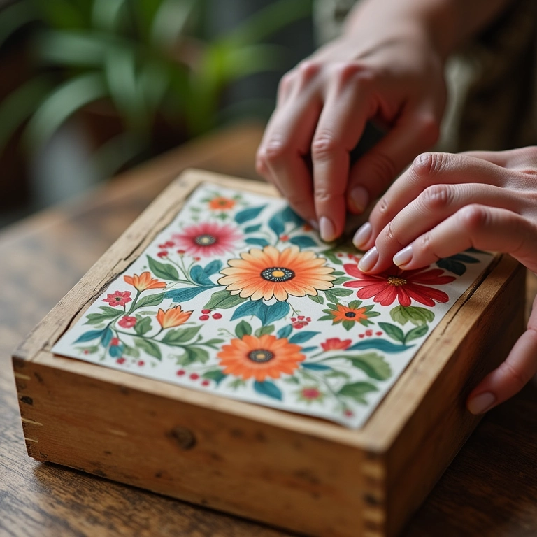Mãos aplicando decoupage em uma caixa de madeira com estampas florais.