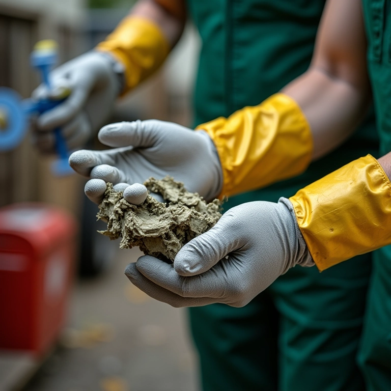 Mãos com luvas manuseando materiais reciclados com segurança, foco em EPIs.