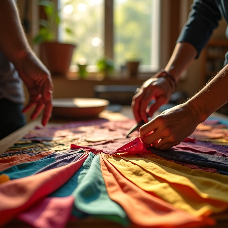 Mãos cortando tiras de tecido colorido para almofada de nó.