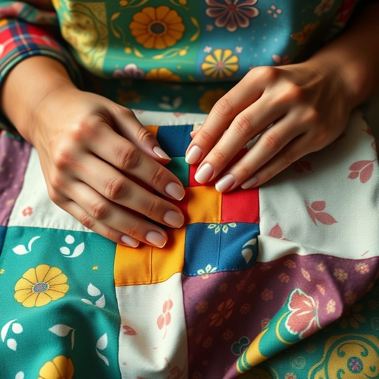 Mãos costurando bloco de patchwork, tutorial online.