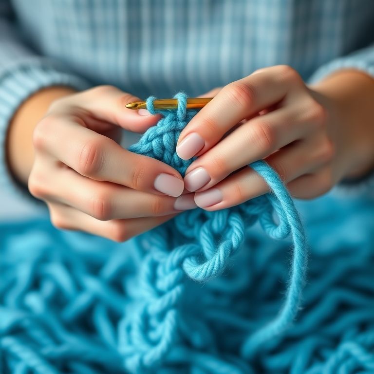 Mãos crocheta ponto alto com fio azul.