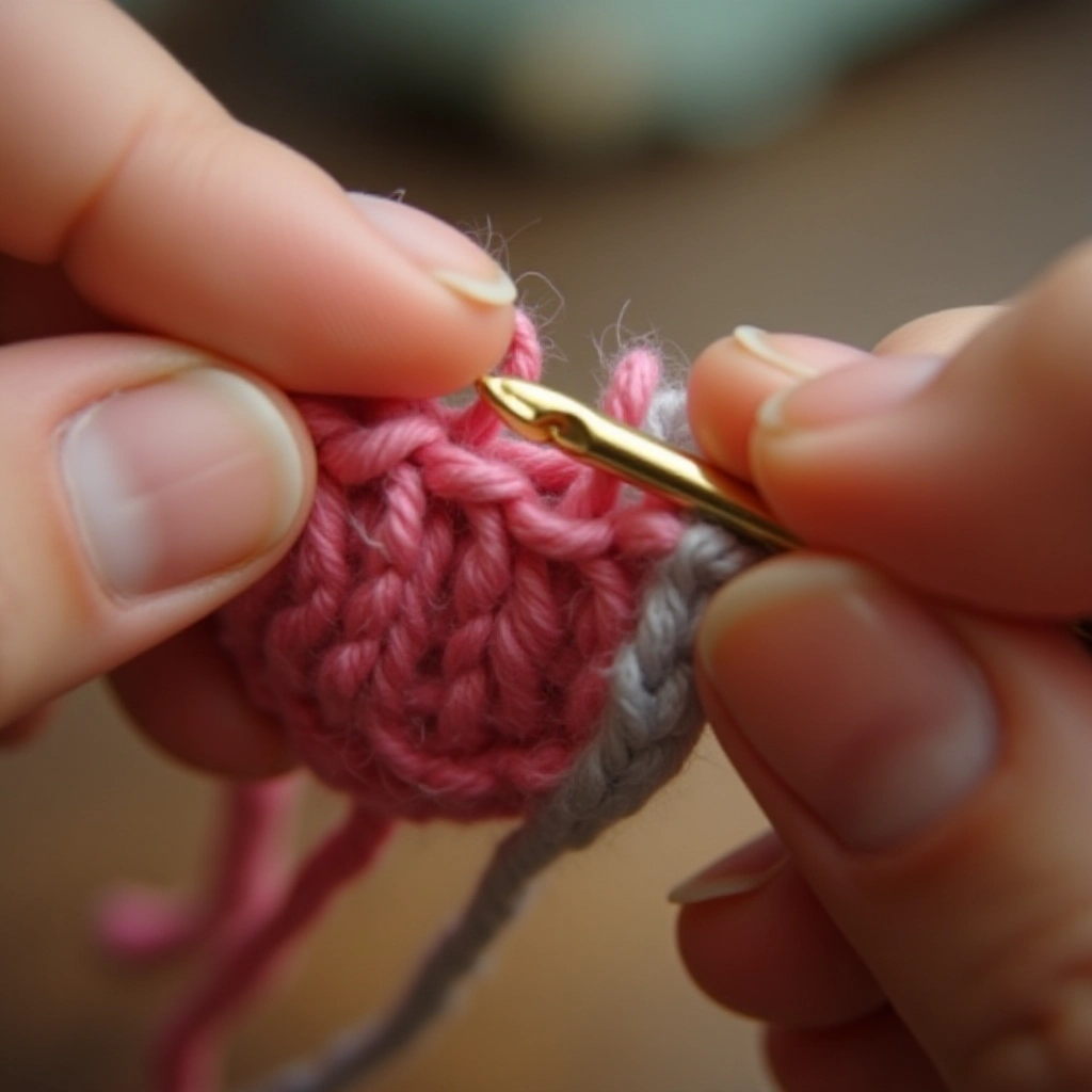 Mãos crochetando ponto básico de amigurumi com lã colorida.