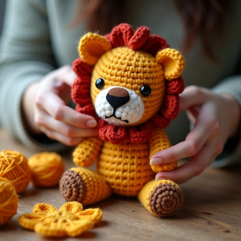 Mãos crocheteando um leão amigurumi.