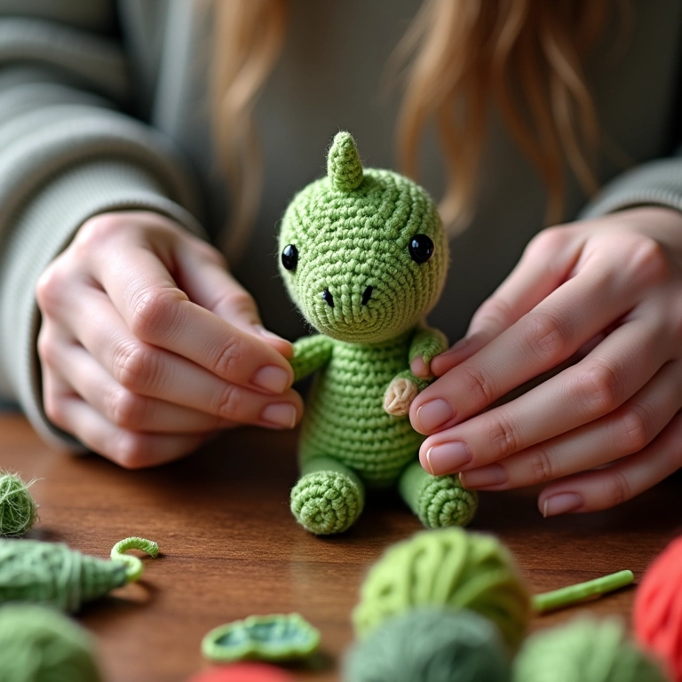 Mãos de artesã crocheando amigurumi de dinossauro.