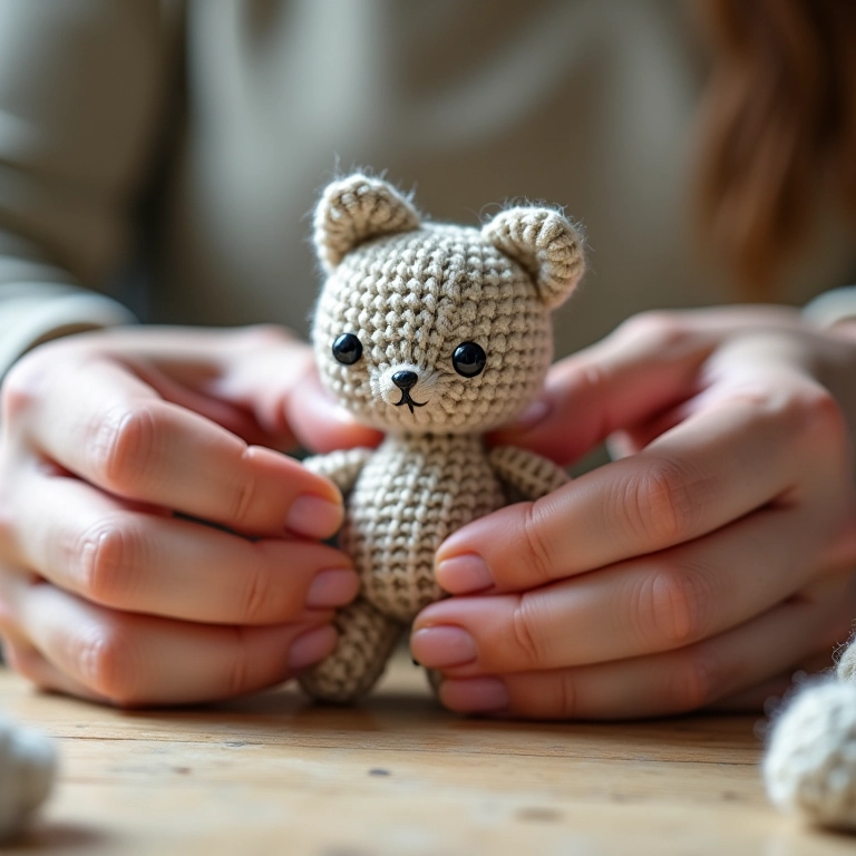 Mãos de artesã finalizando um gatinho amigurumi para presente.