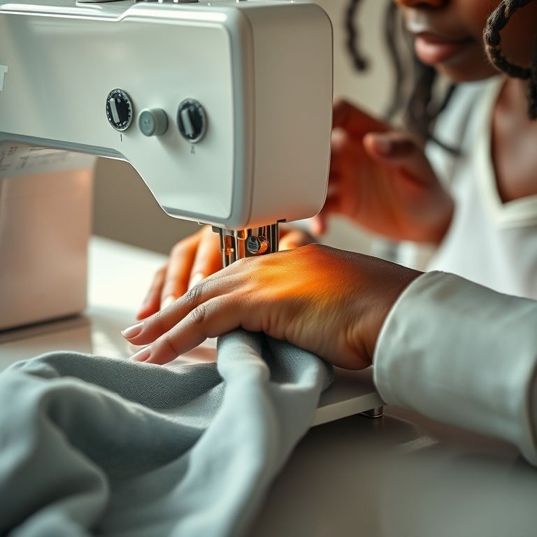 Mãos de costureira usando máquina overlock, foco no tecido.