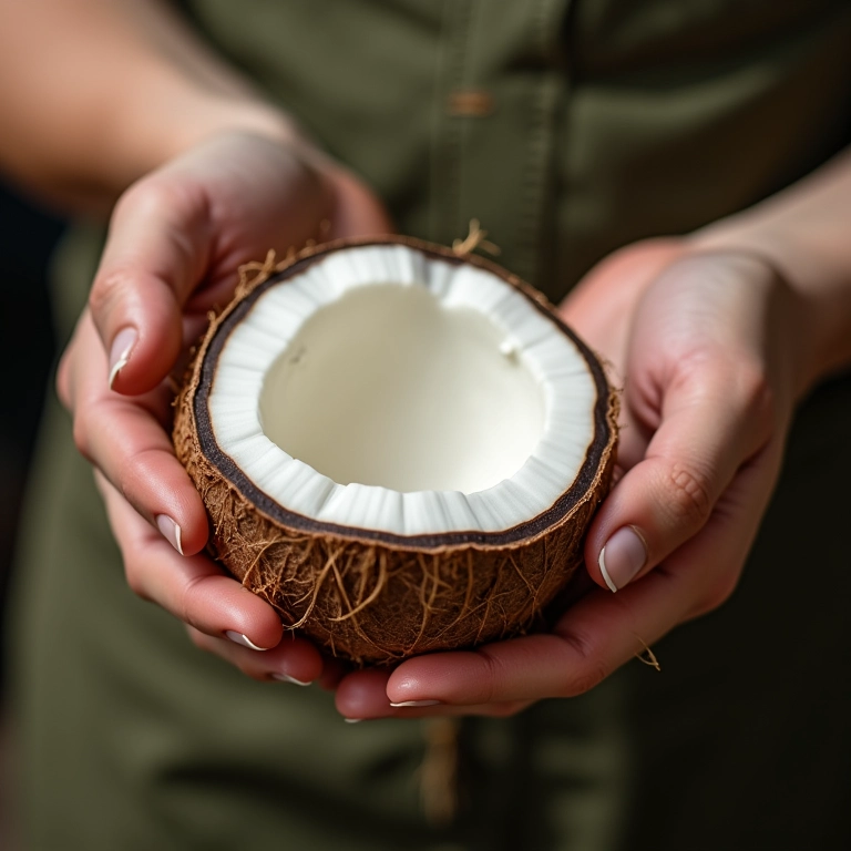 Mãos de especialista extraindo leite de coco para óleo caseiro.