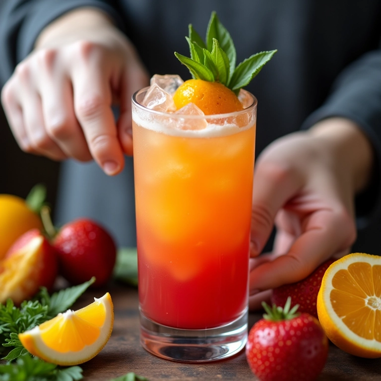 Mãos de especialista preparando um mocktail colorido com ingredientes frescos.