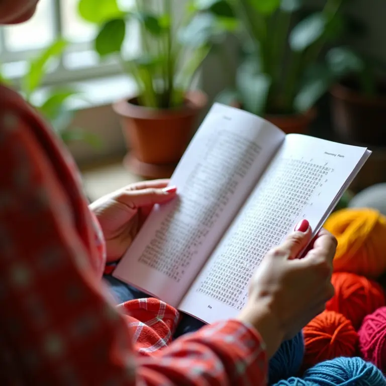 Mãos de mulher lendo gráfico de crochê colorido, em ambiente aconchegante.