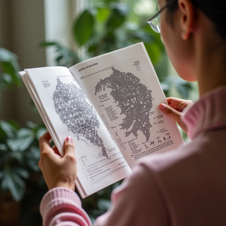 Mãos de mulher lendo um gráfico de crochê com um xale em progresso ao fundo.