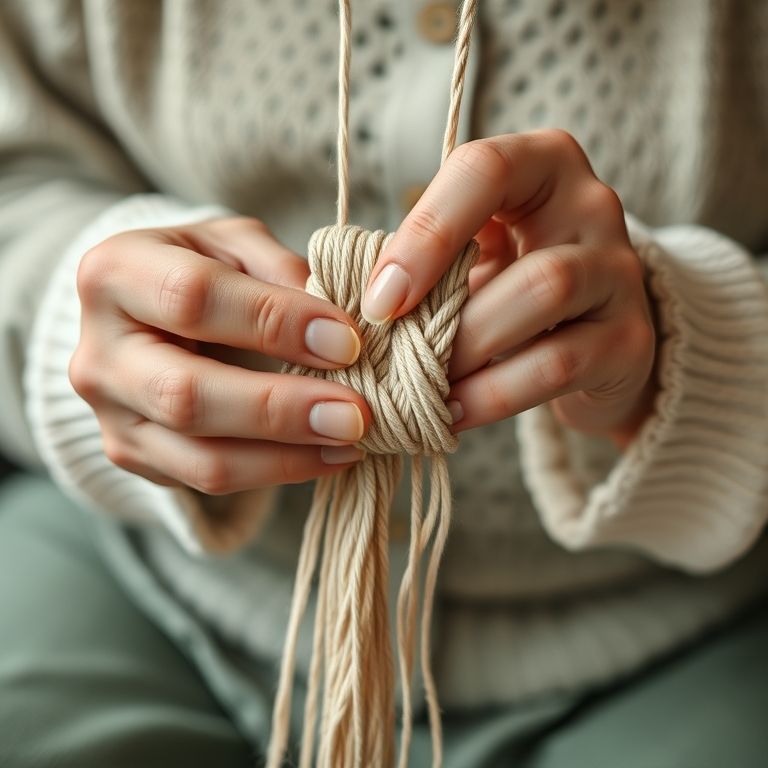 Mãos de uma senhora criando uma peça delicada de macramê com fio encerado, focada nos nós intrincados.