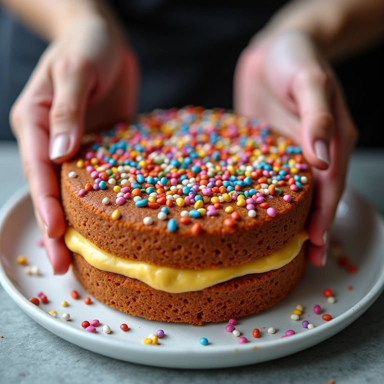 Mãos decorando um bolo de brigadeiro com granulados coloridos.