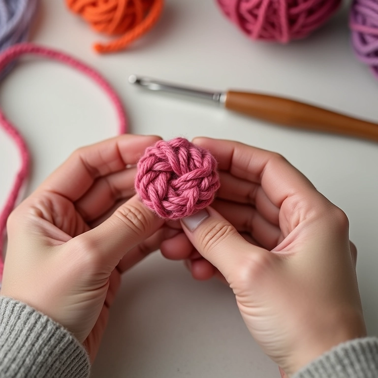 Mãos demonstrando círculo mágico para amigurumi.