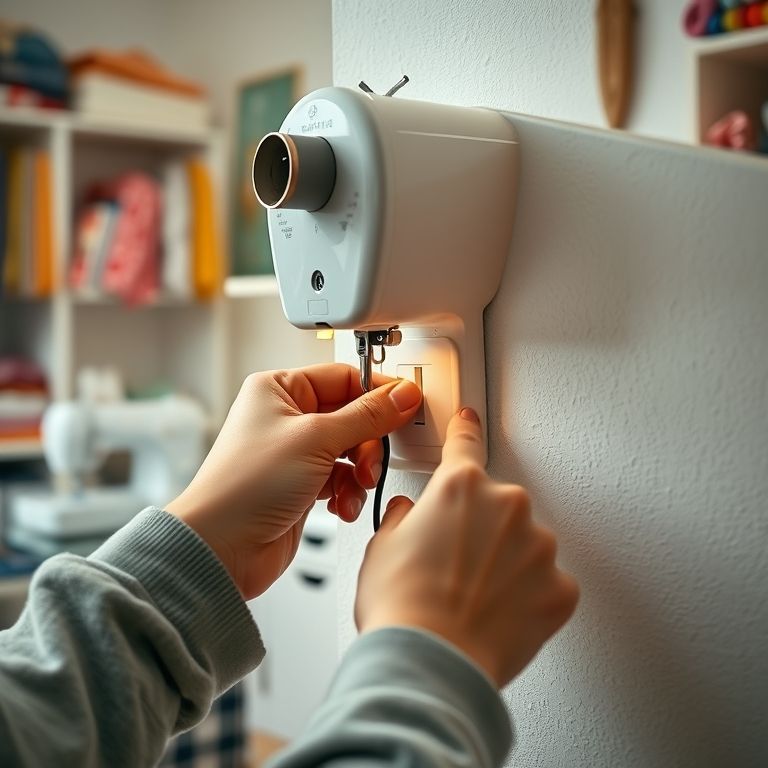 Mãos desconectando máquina de costura da tomada.