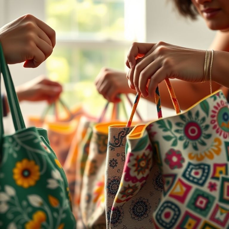 Mãos diversas costurando ecobags coloridas em estúdio ensolarado.