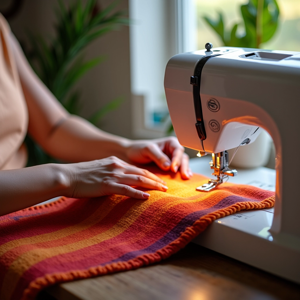 Mãos diversas costurando malha colorida em máquina doméstica.