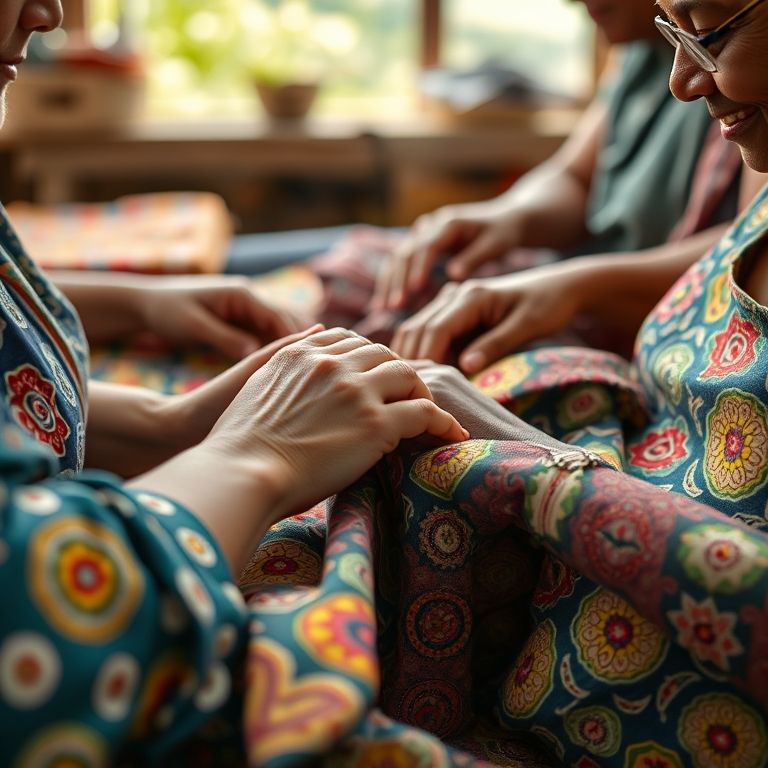 Mãos diversas trabalhando juntas em um projeto de quilting colorido em um ambiente aconchegante.